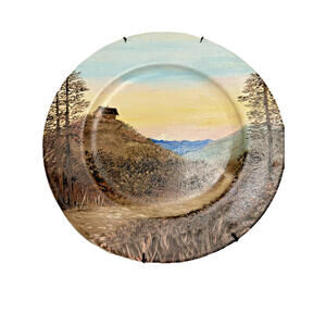 Vintage 10.5 cm diameter Hand Painted plate With landscape/Log Cabin